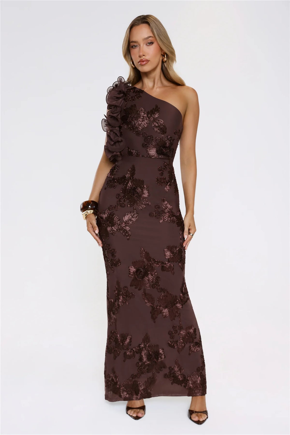 Fleur Flair One Shoulder Maxi Dress Chocolate