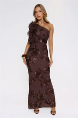 Fleur Flair One Shoulder Maxi Dress Chocolate