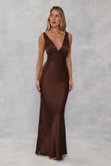 The Isabeau Satin Maxi Dress Chocolate Brown