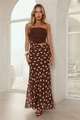 Lovergirl Energy Polka Dot Strapless Maxi Dress Brown