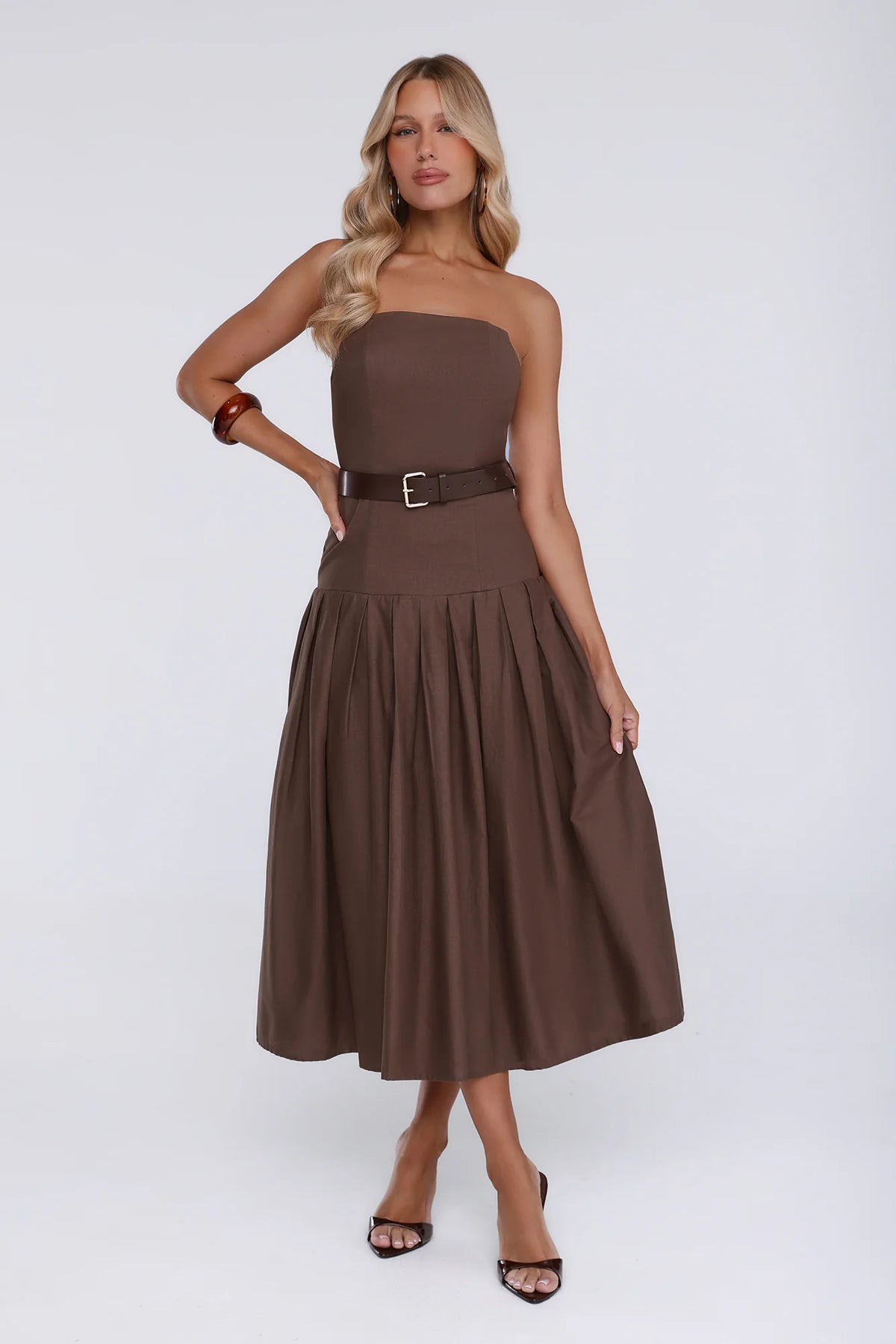 Modern Lady Strapless Midi Dress Brown
