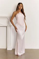 Delicate Lace Detail Halter Maxi Dress Pink