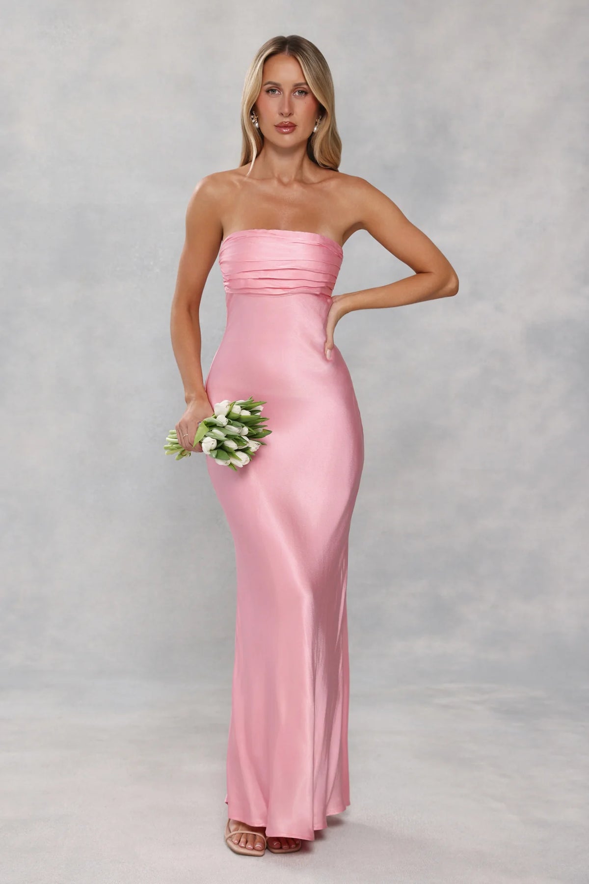 The Seraphina Strapless Satin Maxi Dress Candy Pink