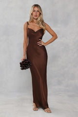 The Penelope Cowl Satin Maxi Dress Chocolate Brown