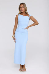 Chic Dreams Await Off Shoulder Maxi Dress Blue