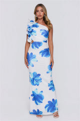 Dream Petals One Shoulder Maxi Dress Blue