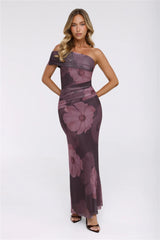 Mischief Glow Off Shoulder Mesh Maxi Dress Brown