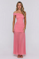 Moonlit Whisper One Shoulder Mesh Maxi Dress Pink