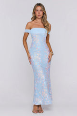 Whispered Waves Off Shoulder Sequin Mesh Maxi Dress Blue