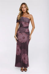 Mischief Glow Off Shoulder Mesh Maxi Dress Brown