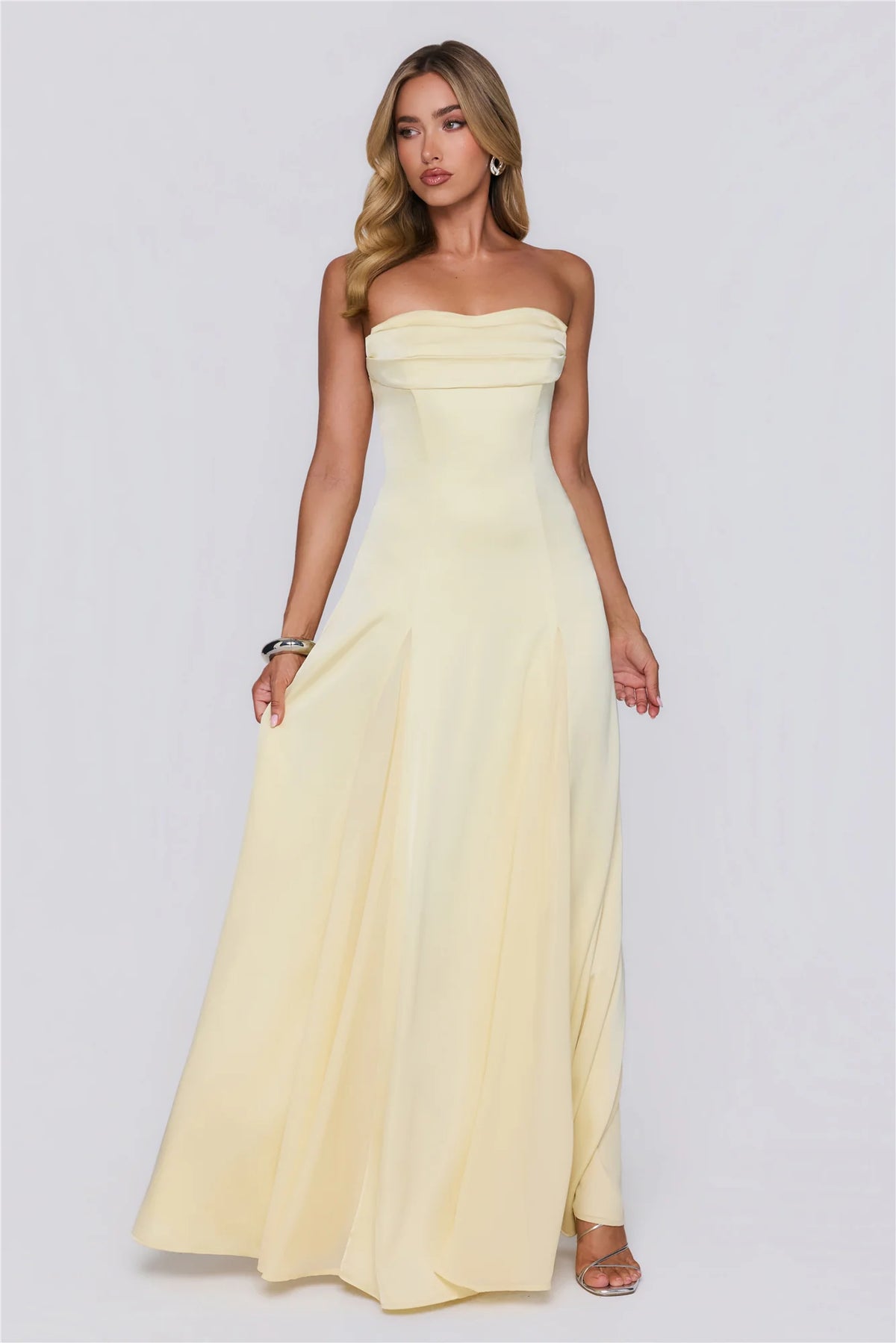 Moment Of Class Strapless Satin Maxi Dress Lemon