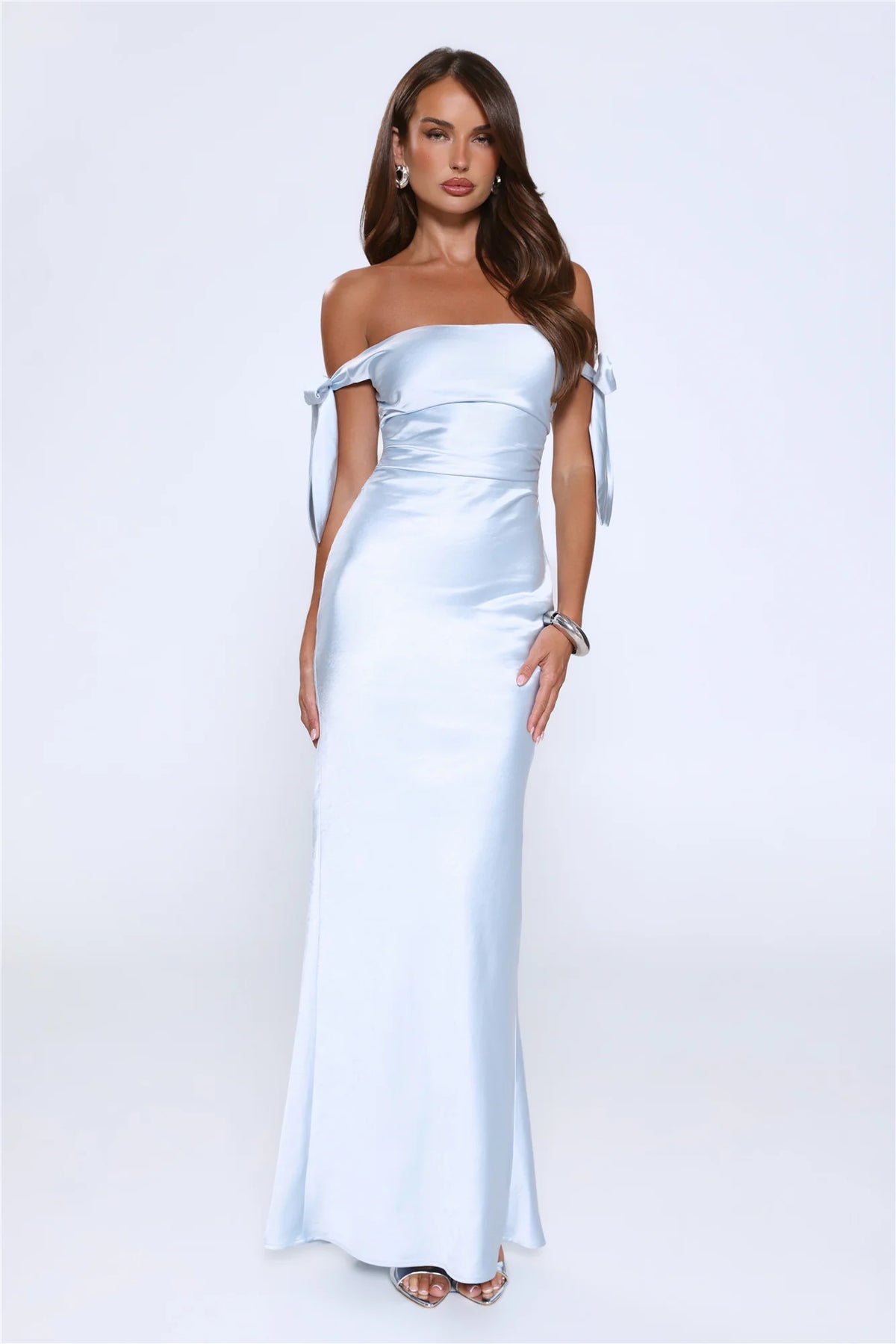 Flirty Intentions Off Shoulder Satin Maxi Dress Blue