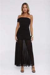 Moonlit Whisper One Shoulder Mesh Maxi Dress Black