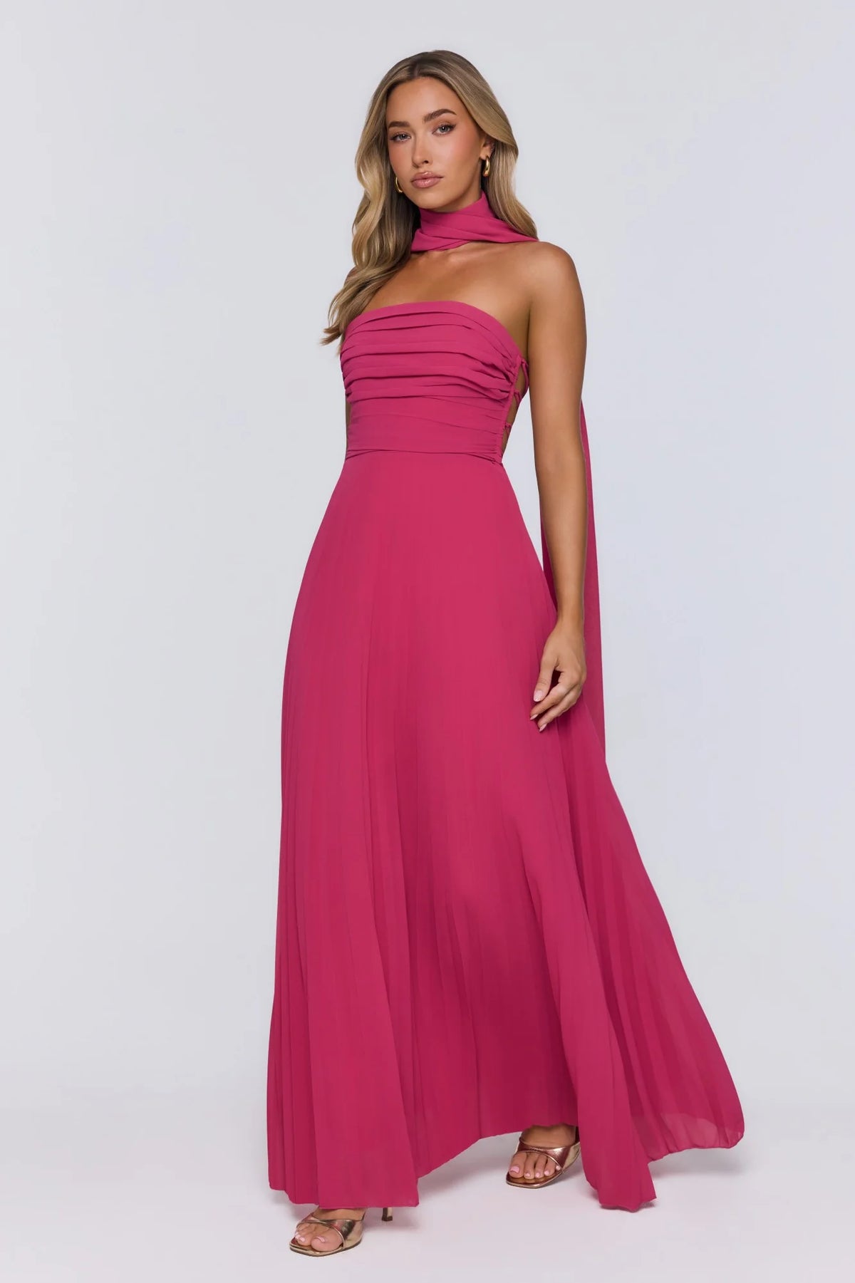 Sugar Babe Strapless Pleated Maxi Dress Magenta