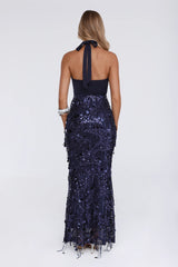 Spin For Me Sequin Halter Maxi Dress Navy