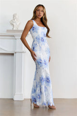 Secret Rendezvous Embroidered Maxi Dress Blue