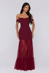 Pretty Lullaby Off Shoulder Maxi Dress Burgundy