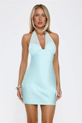 Sleek Halter Mesh Detail Mini Dress Aqua
