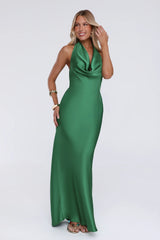 Cherry Whirl Satin Halter Maxi Dress Emerald
