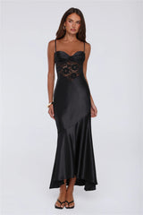 Sultry Horizon Satin Lace Maxi Dress Black