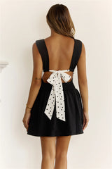 Textured Open Back Polka Dot Bow Mini Dress Black