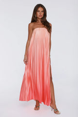 Warm Wishes Strapless Satin Pleated Maxi Dress Peach