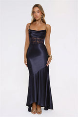 Moments In Silk Satin Maxi Dress Navy