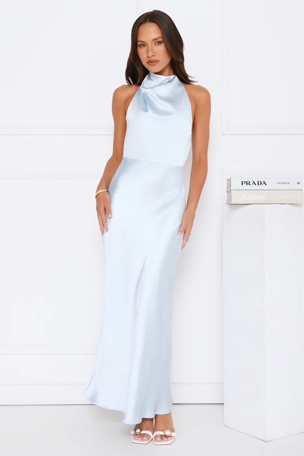 Draped In Diamonds Satin Halter Maxi Dress Blue