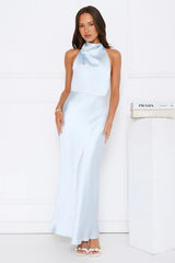 Draped In Diamonds Satin Halter Maxi Dress Blue