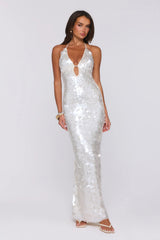 Sparkling Affair Sequin Halter Maxi Dress Ecru White