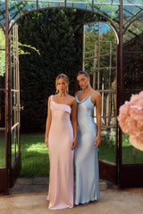 The Zafira One Shoulder Satin Maxi Dress Light Pink
