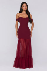Pretty Lullaby Off Shoulder Maxi Dress Burgundy