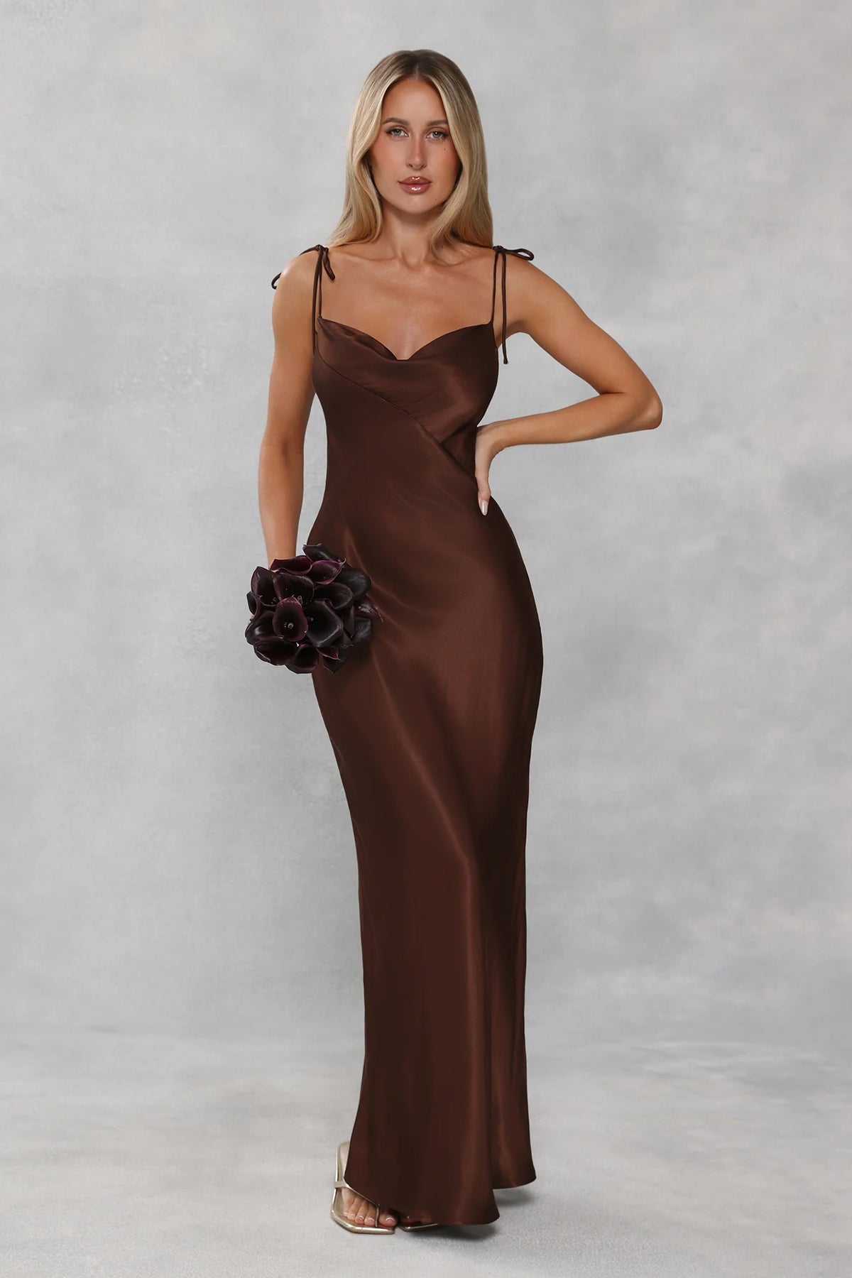 The Penelope Cowl Satin Maxi Dress Chocolate Brown