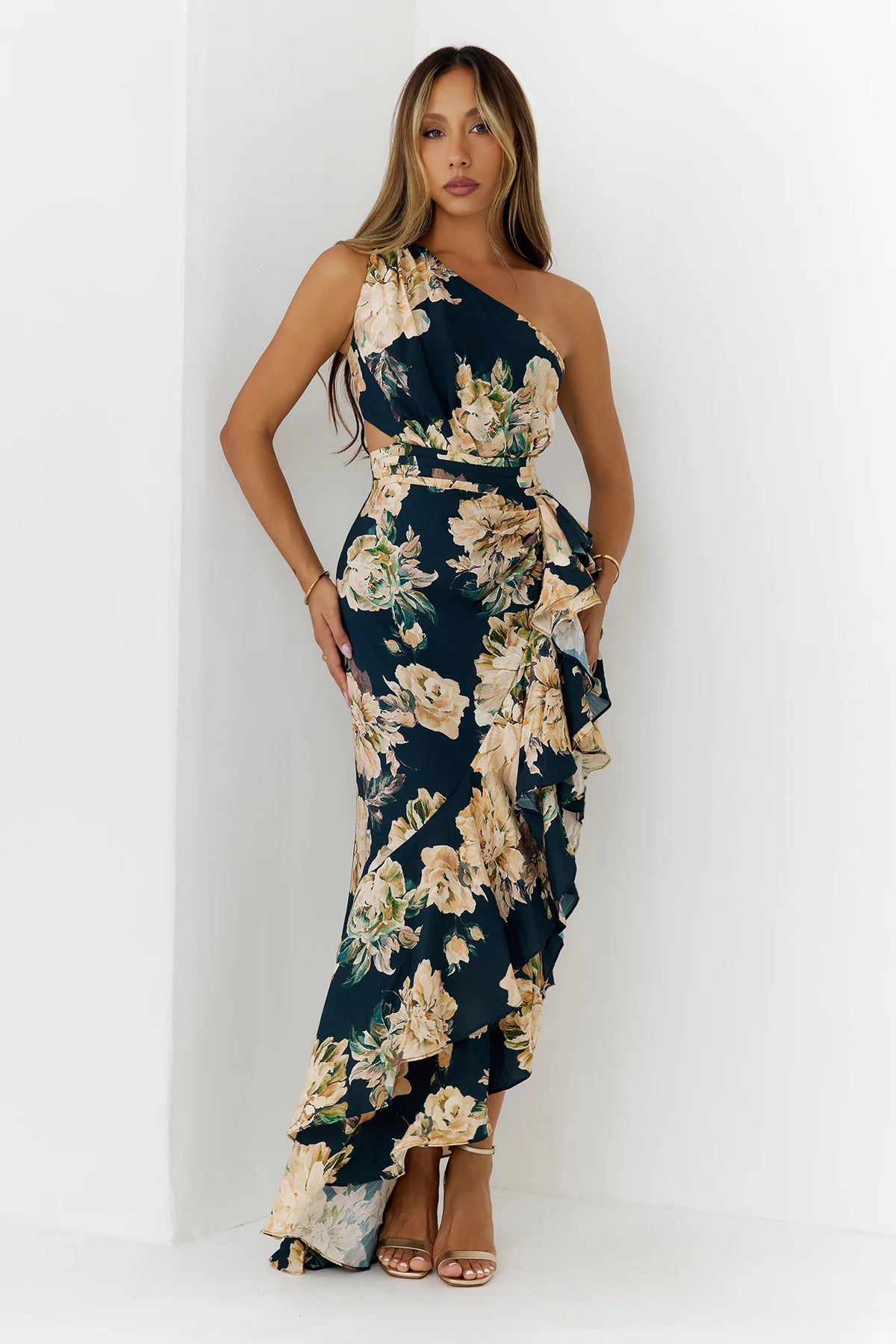 Floral One Shoulder Cutout Maxi Dress Navy