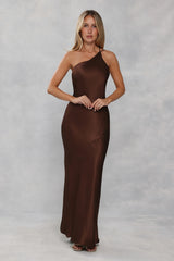 The Evangeline One Shoulder Satin Maxi Dress Chocolate Brown