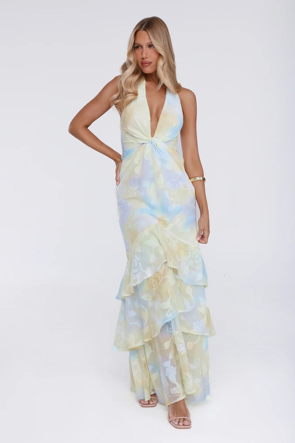 Sultry Bloom Halter Maxi Dress Yellow