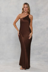 The Evangeline One Shoulder Satin Maxi Dress Chocolate Brown