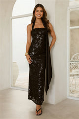 Sparkle Moon Lace Sequin Halter Maxi Dress Black