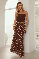 Lovergirl Energy Polka Dot Strapless Maxi Dress Brown