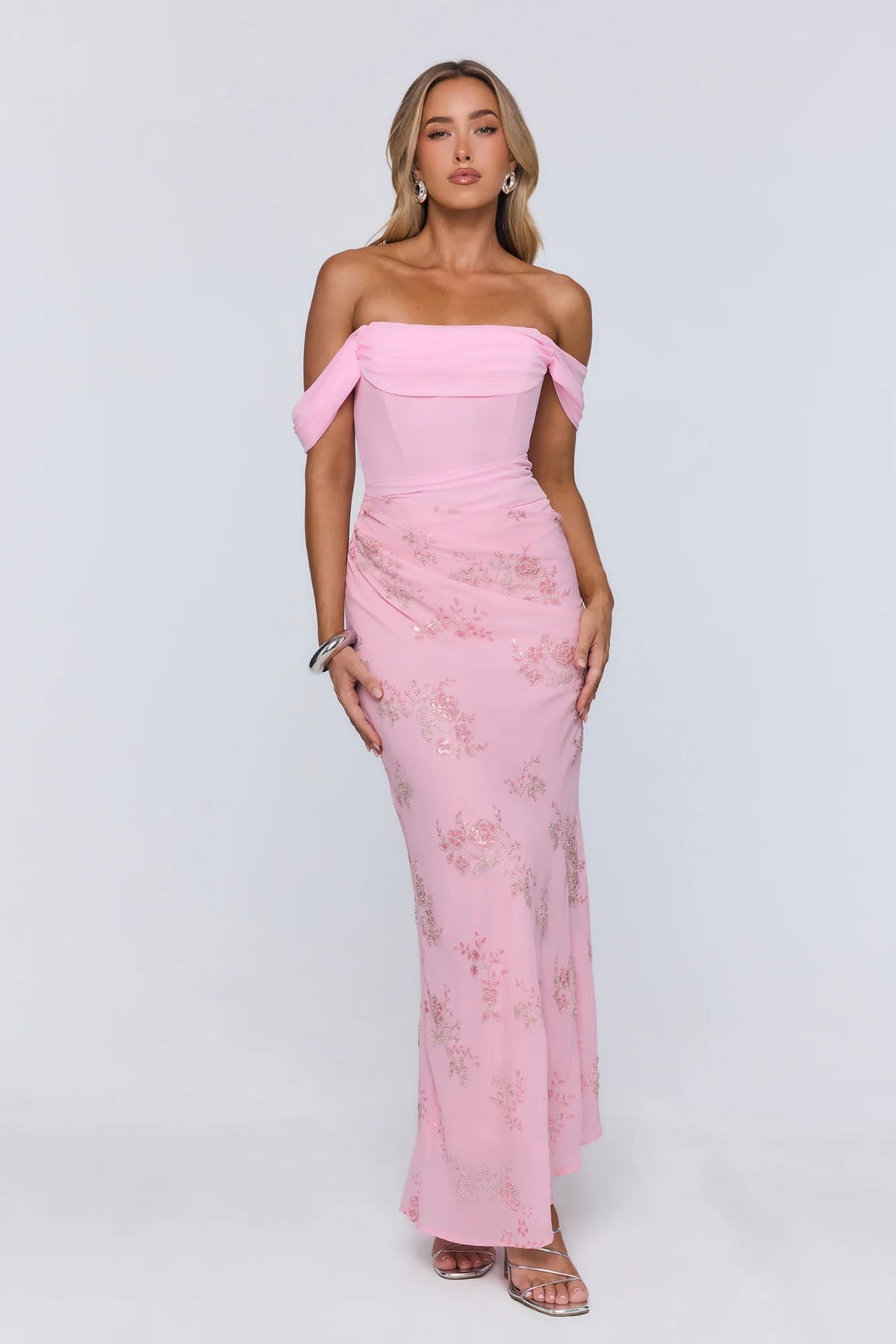 Pretty Glow Up Off Shoulder Maxi Dress Pink