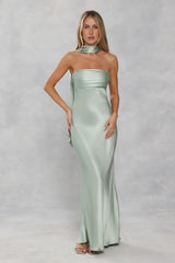 The Seraphina Strapless Satin Maxi Dress Sage Green