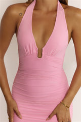 Sultry Ruched Halter Maxi Dress Pink