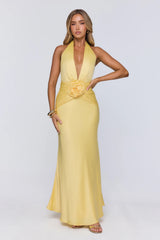 Vibe Star Halter Satin Maxi Dress Yellow