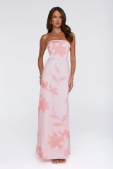 Warm Waves Strapless Satin Maxi Dress Peach Floral Print