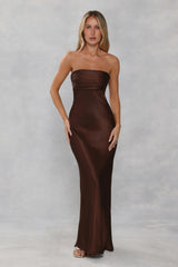 The Seraphina Strapless Satin Maxi Dress Chocolate Brown