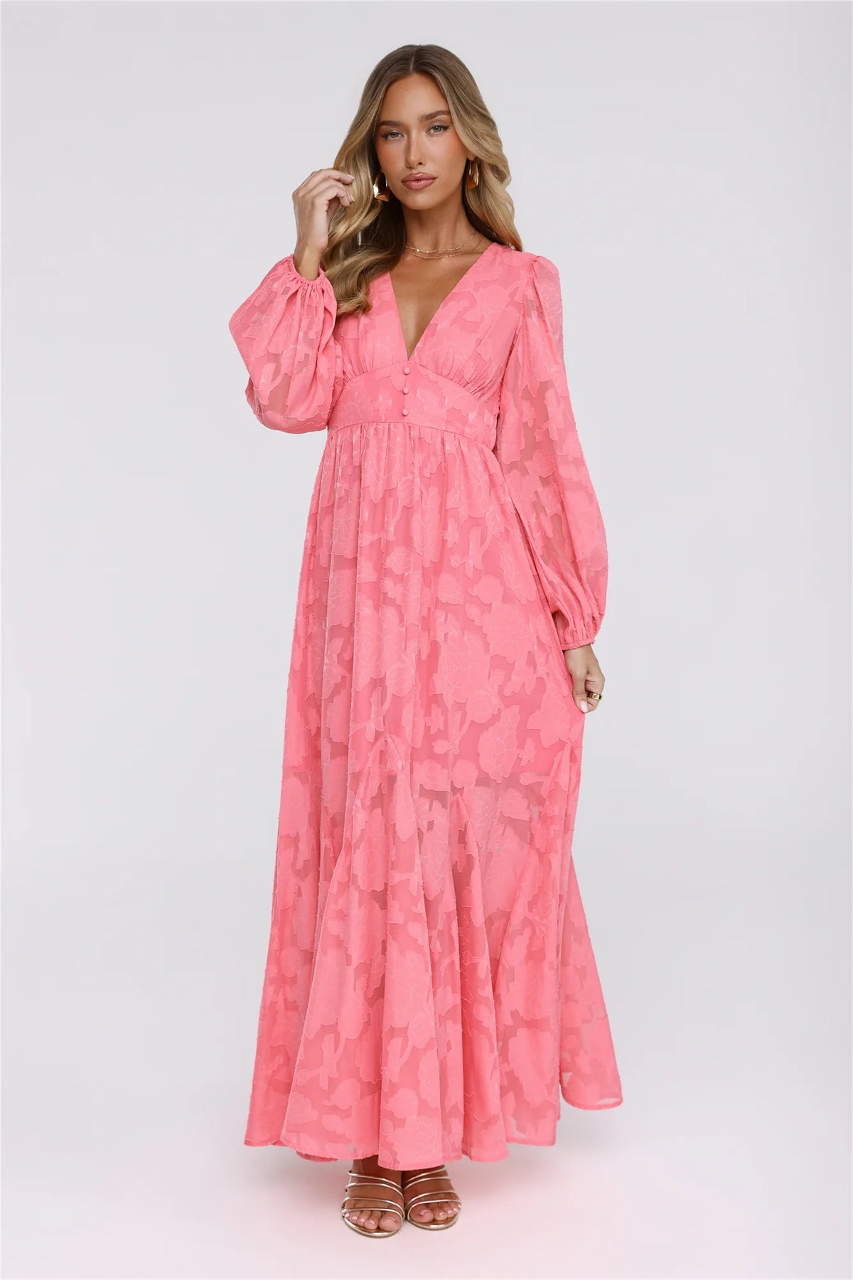 Glow Blossom Long Sleeve Maxi Dress Coral