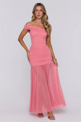 Moonlit Whisper One Shoulder Mesh Maxi Dress Pink