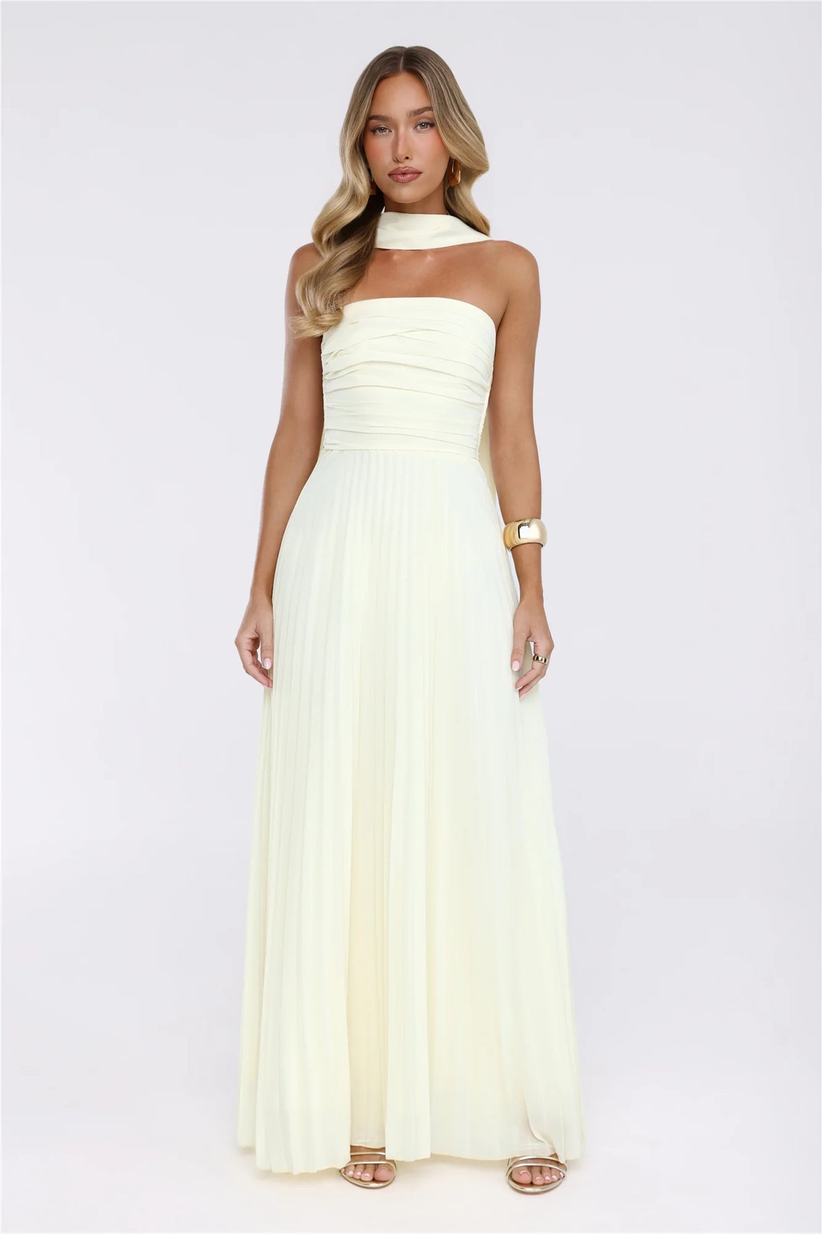 Sugar Babe Strapless Pleated Maxi Dress Yellow