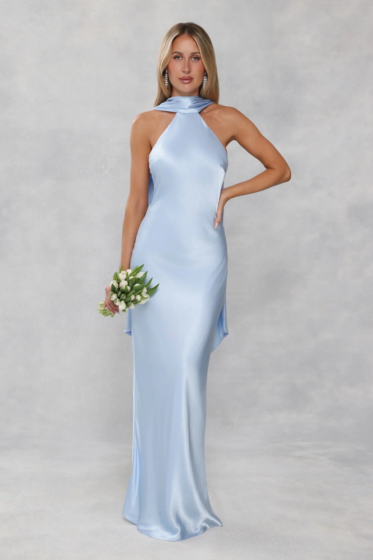 The Vivia Halter Satin Maxi Dress Light Blue