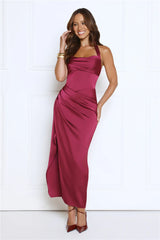 Dreamy And Sophisticated Satin Halter Midi Dress Wine